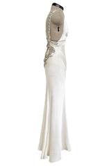 Iconic Spring 2006 Roberto Cavalli Front Plung & Open Back Heavily Detailed w Rhinestone Bias Cut Ivory Silk Dress