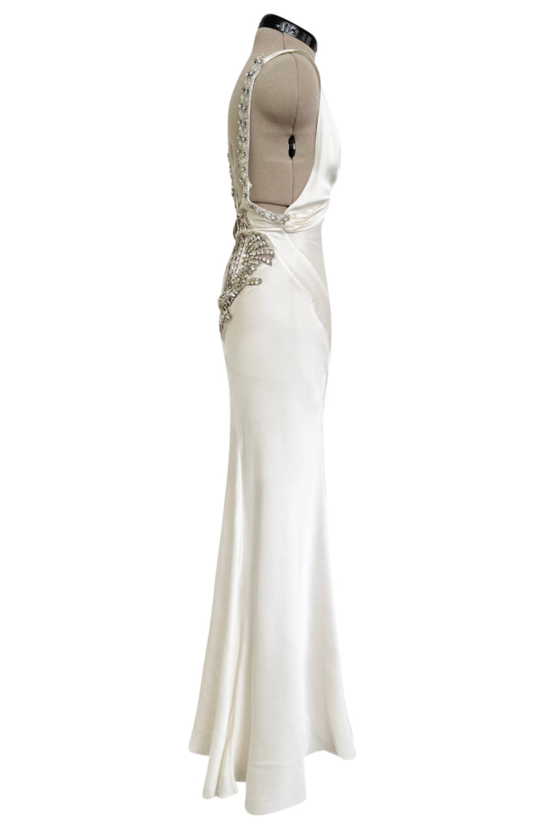 Iconic Spring 2006 Roberto Cavalli Front Plung & Open Back Heavily Detailed w Rhinestone Bias Cut Ivory Silk Dress