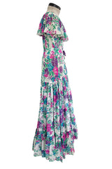 Prettiest Spring 1980 Yves Saint Laurent Floral Cotton Gauze Wide Shoulder Dress w Matching Tie Belt