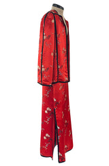 Fabulous 1970s Bill Gibb Red Woven Floral Print Silk Jacket w Matching High Slit Skirt