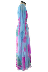 Dreamy c. 1969 Hanae Mori Couture Printed Silk Chiffon Jumpsuit w Floor Length Angel Sleeves