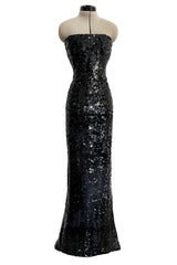 Fantastic 1980s Bob Mackie Strapless Glossy Black Sequin Stretch Dress w Back Kick Skirt