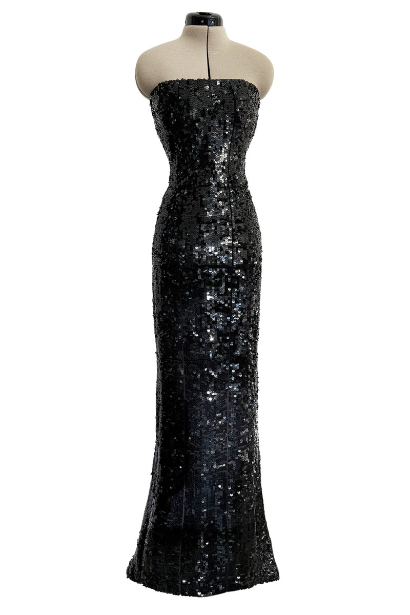 Fantastic 1980s Bob Mackie Strapless Glossy Black Sequin Stretch Dress w Back Kick Skirt