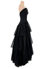 1940s Jean Patou Haute Couture Strapless Black Silk Chiffon Dress w Tiered Full Skirt