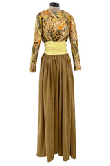 Fall 1970 Madame Gres Haute Couture Wide Leg Pant w Metallic Partially Open Tie Top Set