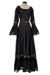 Beautiful 1960s Original Mexican Tourist Black Pin Tuck Dress w Hand Embroidered Flowers