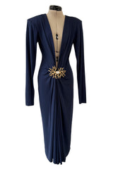 Iconic Spring 1985 Yves Saint Laurent Runway & Ad Campaign Plunge Dress w Jewel Clasp