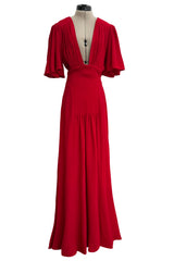 Fantastic Fall 1974 Ossie Clark Runway Documented Red Moss Crepe Dress w Plunging Front & Caped Sleeves