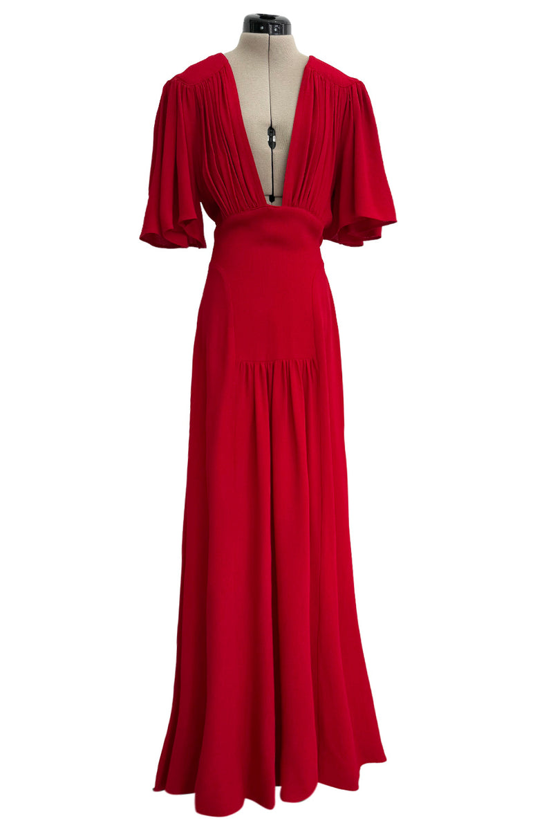 Fantastic Fall 1974 Ossie Clark Runway Documented Red Moss Crepe Dress w Plunging Front & Caped Sleeves