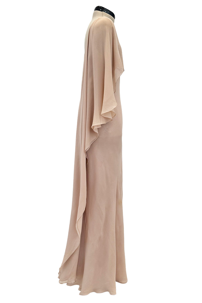 Fall 1975 Halston Runway Pale Neutral Bias Cut Silk Chiffon Dress W Ruffled & Open V Back