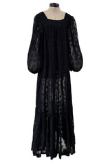 Chic c.1973 Yves Saint Laurent Black Gauzy Feeling Silk Chiffon Dress w Pattern & Full Sleeves