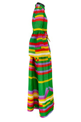 Spectacular 1968 Bill Blass Bright Striped Silk Organza Dress w Original Bow Belt & Bell Sleeves