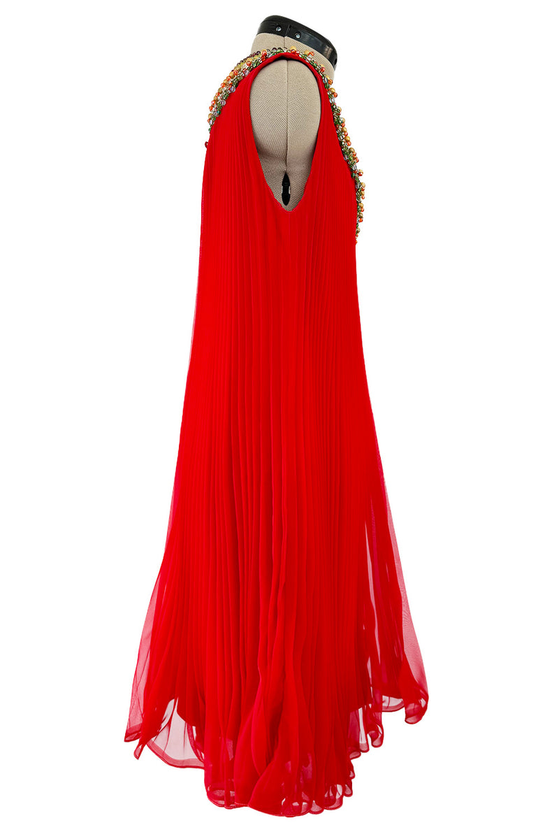 Prettiest Unlabeled 1960s Red Pleated Chiffon Dress w Densely Beaded & Sequin Bib Collar