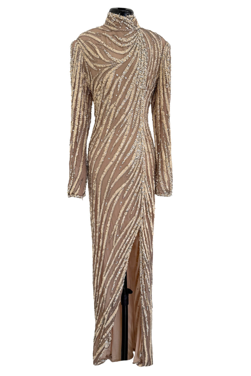 Incredible & Rare 1980s Bob Mackie Well Documented Ivory Sequin & Nude Stretch Net High Slit Dress
