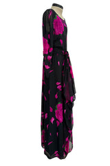 Gorgeous 1970s James Galanos Demi-Couture Silk Chiffon Dress w Vivid Pink Flower Print