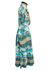 Rare 1971 Thea Porter Actual Book Piece Silk Cotton Gauze Dress w Sheila Hudson Horseman Print