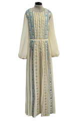 1970s Lanvin by Jules-Francois Crahay Couture Ivory Silk Chiffon & Floral Silk Ribbon Dress