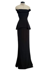 Minimalist 2010s Fendi by Karl Lagerfeld Black Strapless Long Silk Dress w Peplum Top