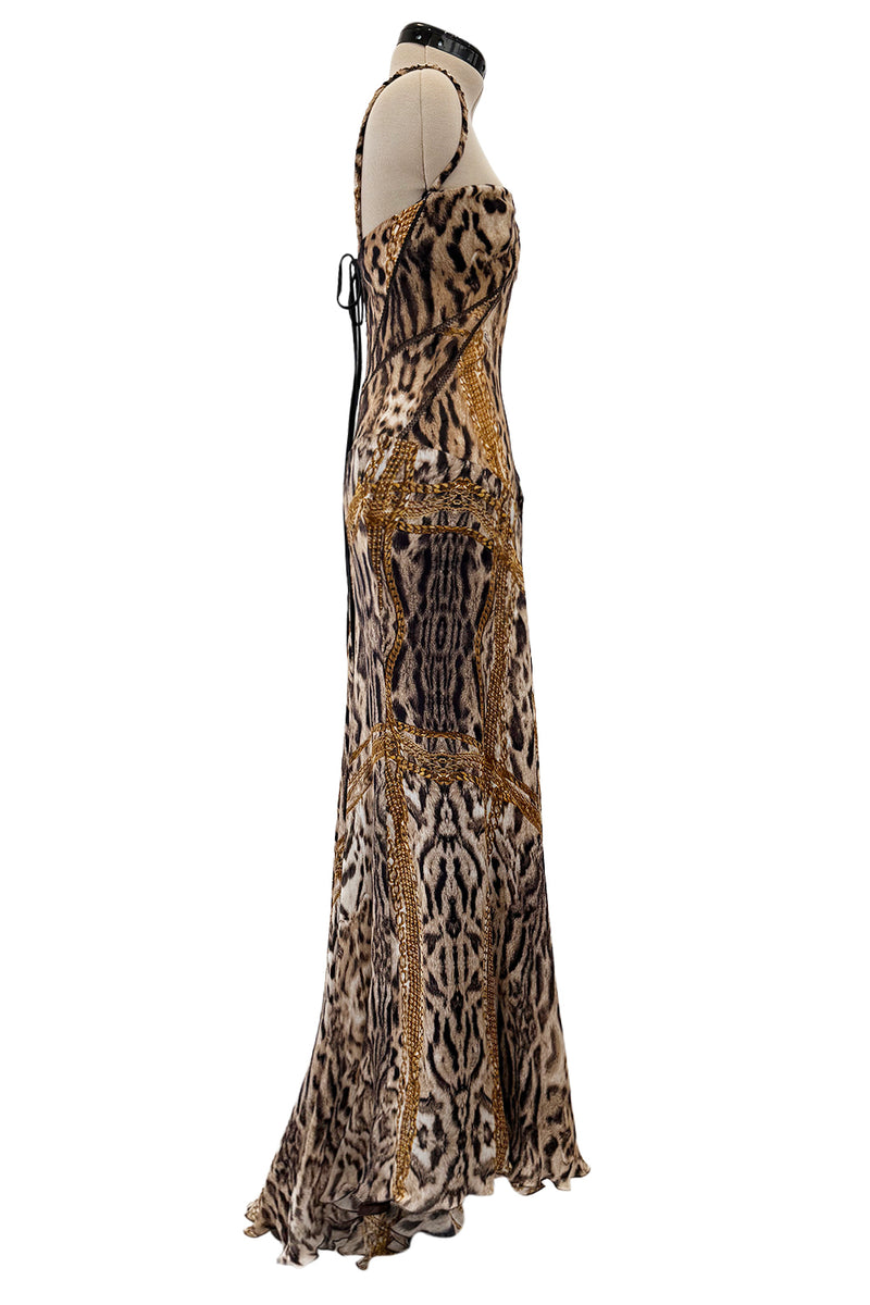 Sexiest 2003 Roberto Cavalli Laced Back Corset Leopard Print Silk Chiffon Dress w Stitched Panels Sexiest 2003 Roberto Cavalli Laced Back Corset Leopard Print Silk Chiffon Dress w Stitched Panels
