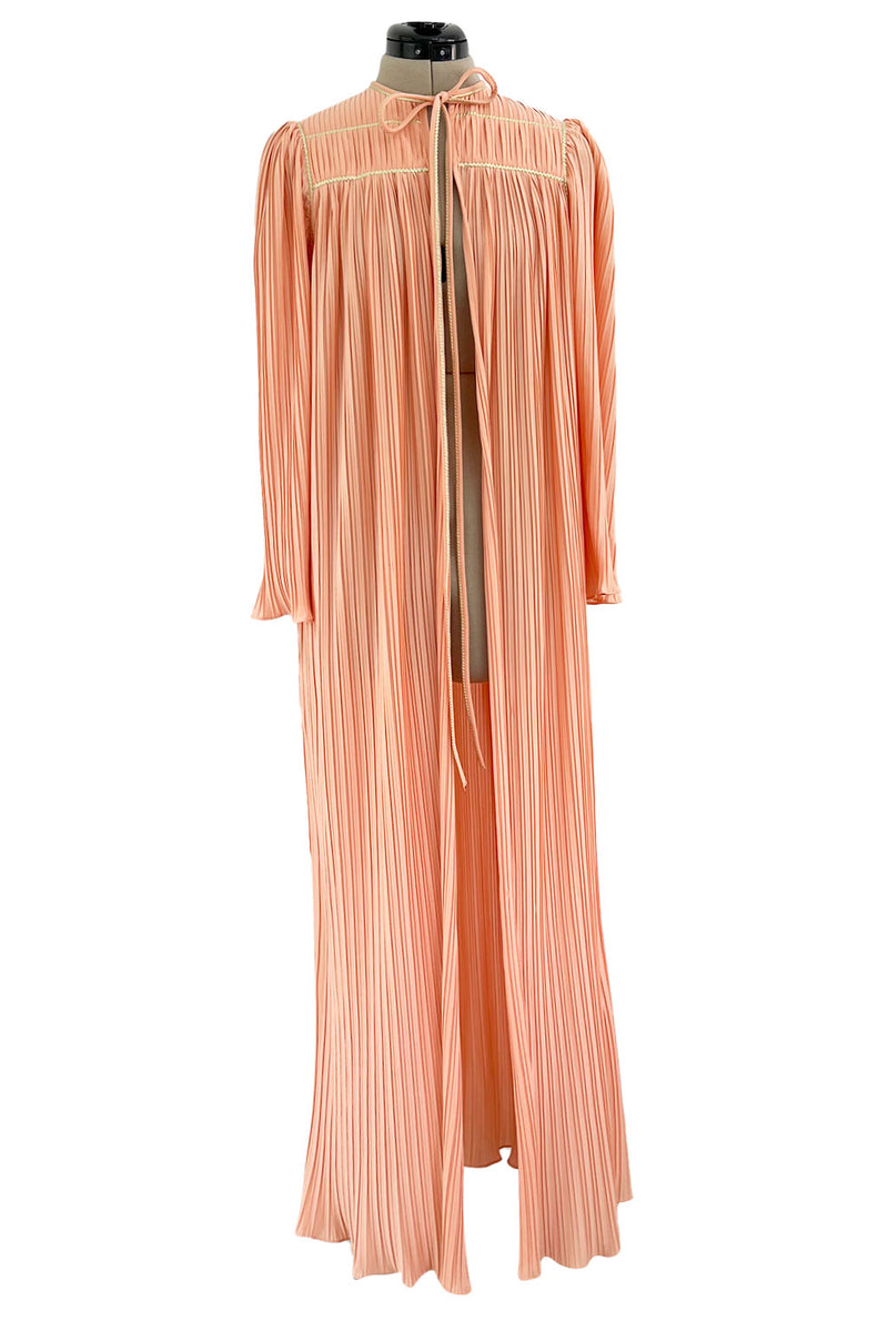 Versatile 1981 Bill Tice Full Length Pleated Peach Coloured Jersey Coat w Gold Cord Detailing