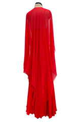 Superb Spring 1977 Halston Runway Bias Cut red Silk Chiffon Dress w Original Cape Shawl