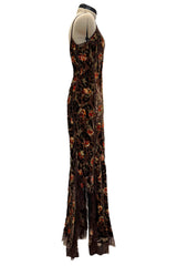 Beautiful Fall 2005 John Galliano Bias Cut Soft Brown Cut Devore Velvet & Chiffon Floral Print Dress