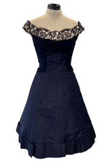 Elegant 1950s Jobere New York Deep Blue Silk & Silk Chiffon Dress w Lace Detailing
