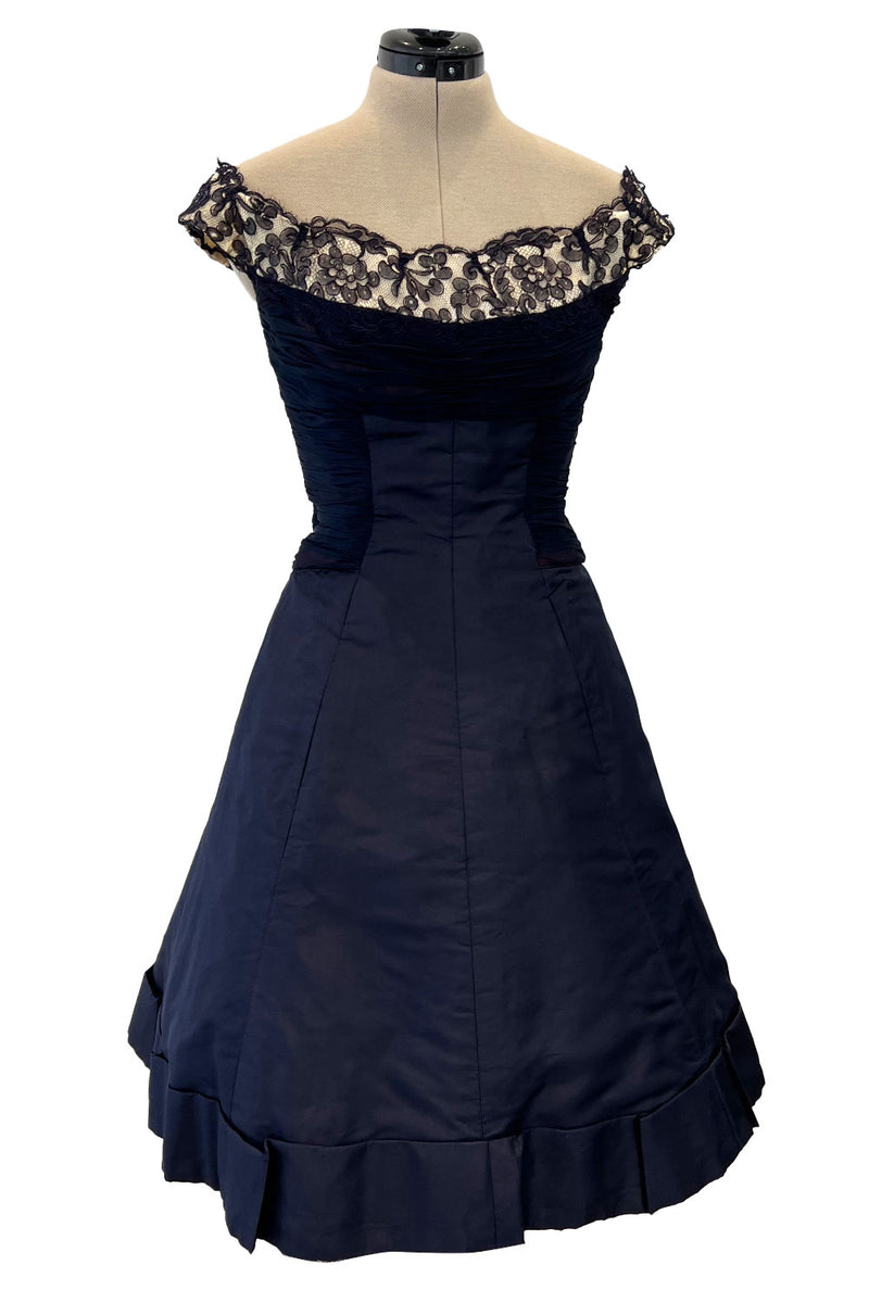 Elegant 1950s Jobere New York Deep Blue Silk & Silk Chiffon Dress w La Shrimpton Couture Elegant 1950s Jobere New York Deep Blue Silk & Silk Chiffon Dress w La Shrimpton Couture