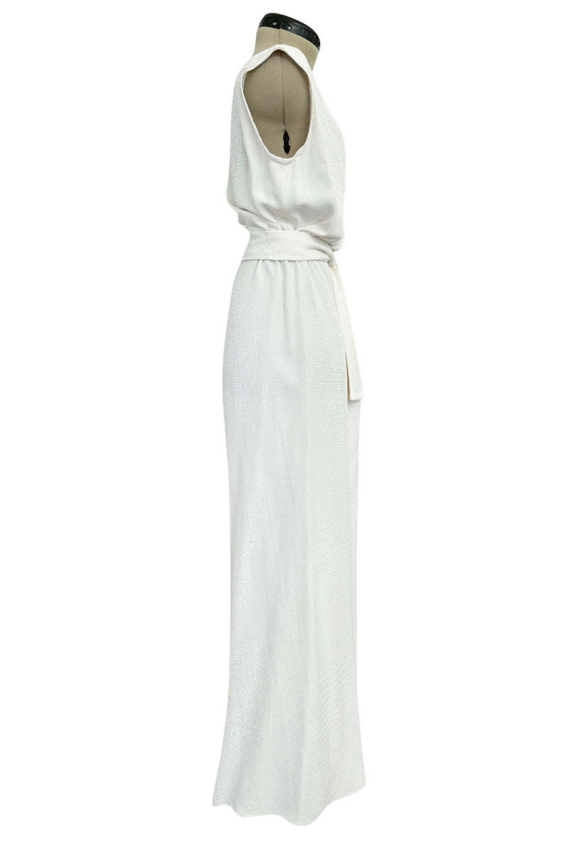 Yves Saint Laurent Spring 1993 minimalist White Dress w Raised Reptile Print