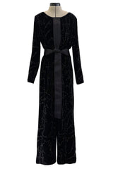 Exquisite Fall 2019 Giorgio Armani Runway Look 80 Velvet &Silk Ribbon Jumpsuit w Black Jet Beads