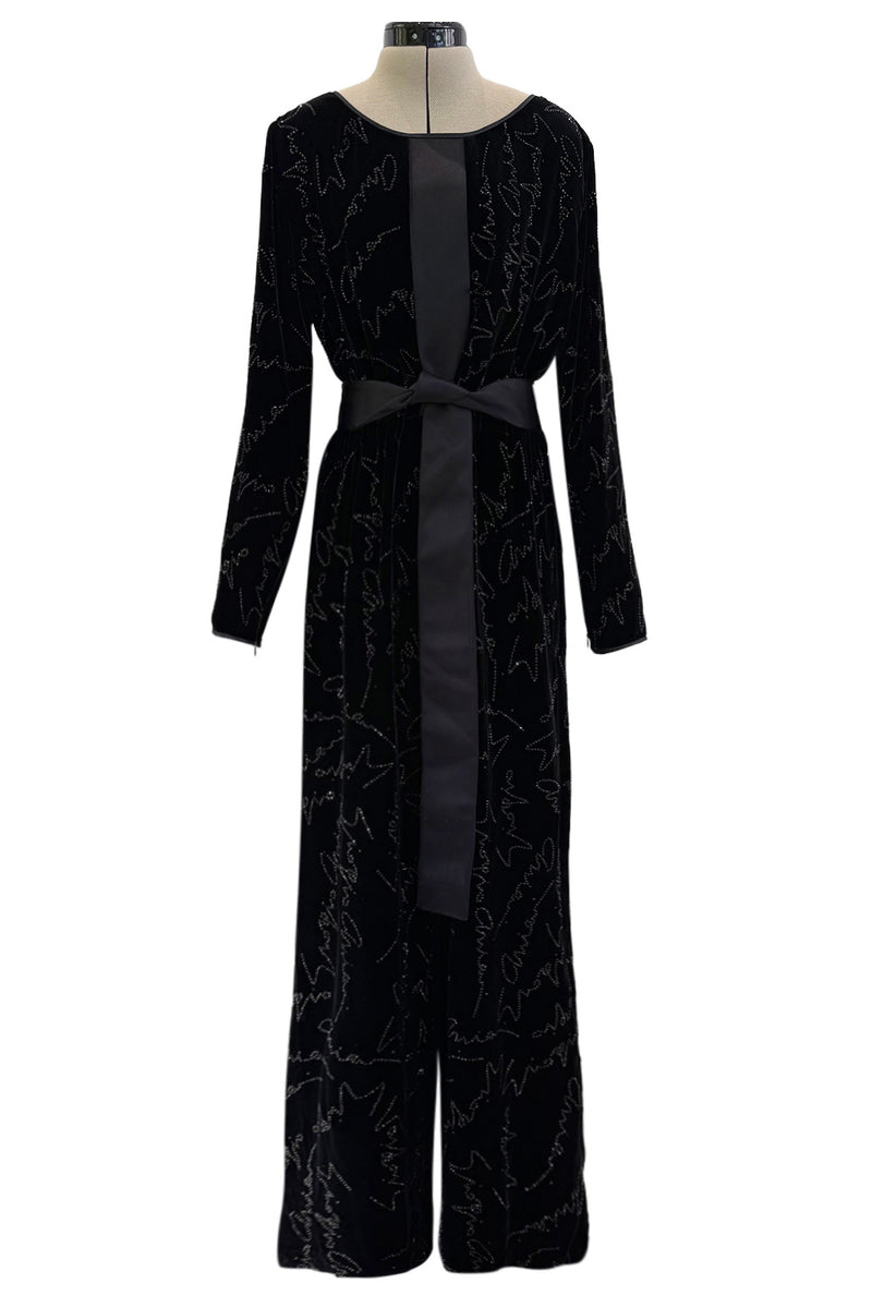 Exquisite Fall 2019 Giorgio Armani Runway Look 80 Velvet &Silk Ribbon Jumpsuit w Black Jet Beads