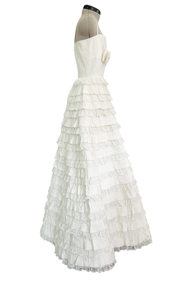 Dreamiest 2010s Valentino Off White Silk Wedding Dress w Tiered Ivory Lace & Ruffle Skirt