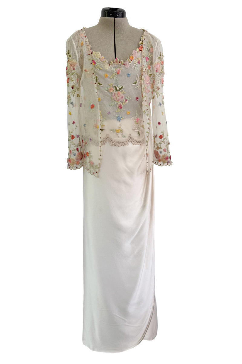 Prettiest Spring 2000 Original Valentino Runway Look 84 Embroidered Camisole, Jacket & Silk Skirt Set