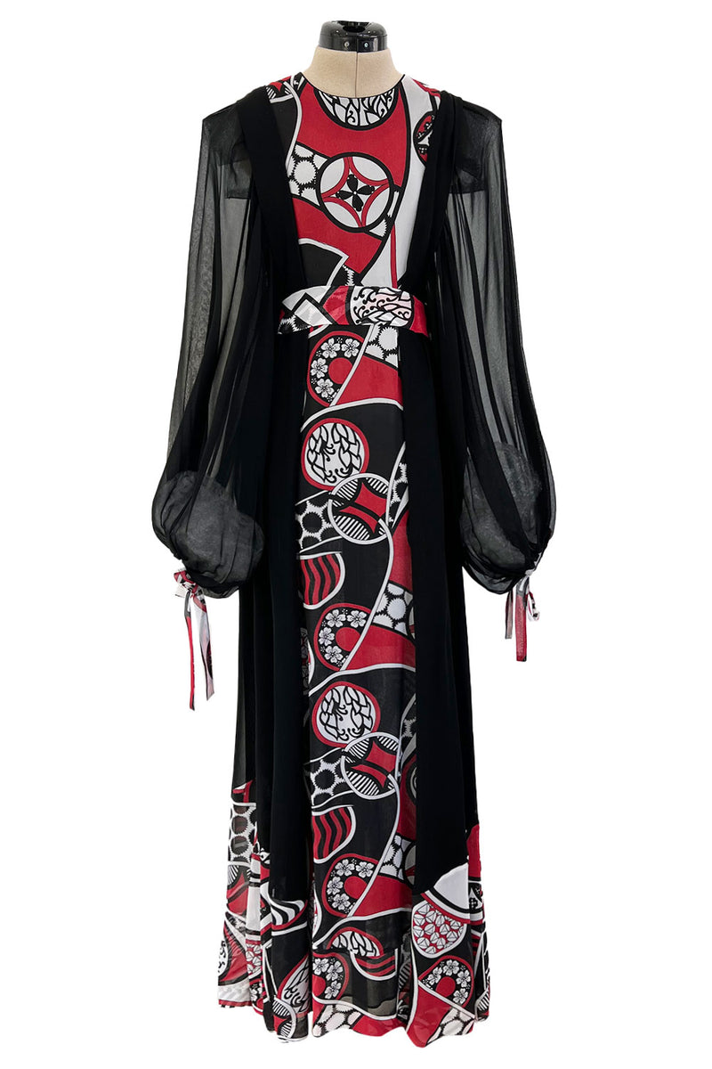 Extraordinary 1969 Thea Porter Black Silk Chiffon Dress w Red Print & Huge Balloon Sleeves