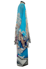 Amazing 1970s Hanae Mori Couture Silk Chiffon Scene Print Jumpsuit w Matching Cape Overlay