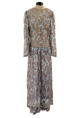 Prettiest 1970s Unlabeled Pale Grey Lace & Blue Grey Glossy Sequin Drop Waist Dress