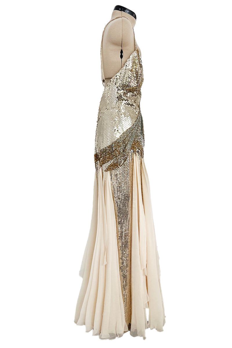 Incredible 1970s Loris Azzaro Densely Covered Gold & Silver Sequin, Bead & Silk Chiffon Dress
