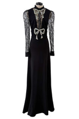 Prettiest 2017 Gucci by Alessandro Michele Black Dress w Lace Sleeves & Iridescent Crystal Bow Detailing
