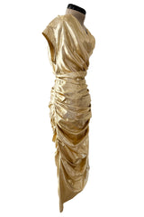 Museum Held 1986 Thierry Mugler Gold Feather Light Lame Dress w Gathered Sides
