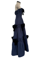 Incredible 1980s Hubert de Givenchy Haute Couture Strapless Blue Matte Silk Dress w Velvet Bow Detailing