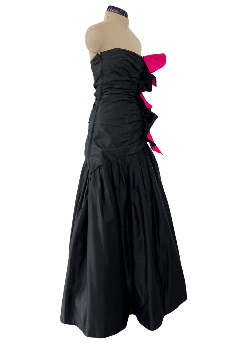 Stunning 1980s Arnold Scaasi Couture Black Silk Strapless Dress w Shocking Pink Ruffle