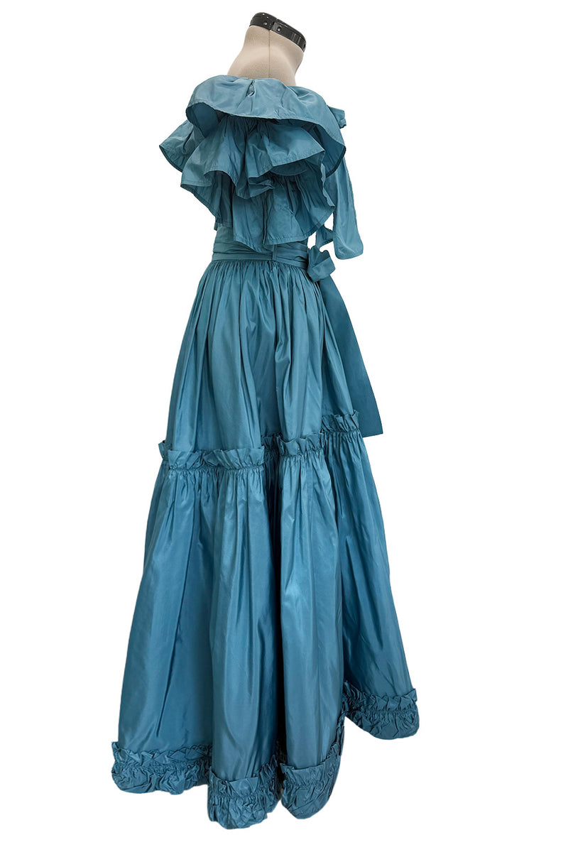 Spectacular 1970s Yves Saint Laurent Deep Turquoise Blue Silk Off Shoulder Fuffled Top & Matching Skirt Set