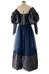 Rare Fall 1986 Chanel by Karl Lagerfeld Runway Blue & Gold Silk Strapless Dress w Removable Sleeves