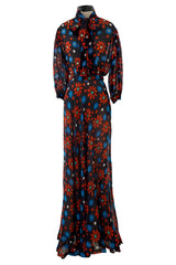 Outstanding Spring 1974 Yves Saint Laurent Floral Print Silk Chiffon Top & Skirt Set