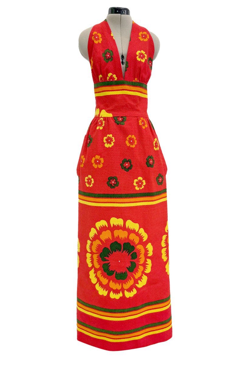 Gorgeous 1971-1972 Lanvin by Jules-Francois Crahay Floral Printed Coral Cotton Pique Backless Halter Dress