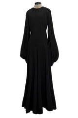 Exceptional 1970s George Stavropoulos Couture Black Silk & Bias Cut Dress w Balloon Sleeves & Flowing Skirt