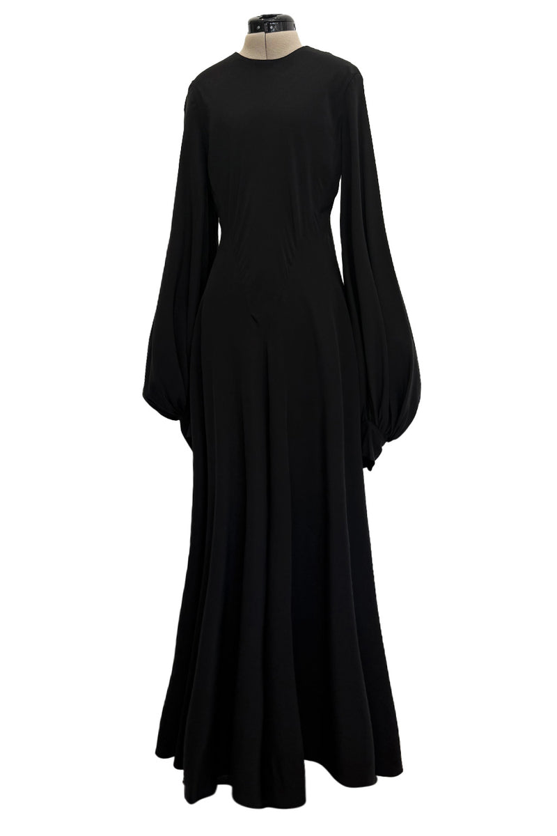 Exceptional 1970s George Stavropoulos Couture Black Silk & Bias Cut Dress w Balloon Sleeves & Flowing Skirt
