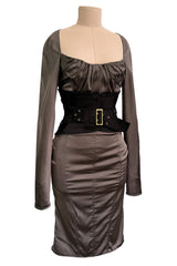 Important Fall 2003 Gucci by Tom Ford Runway Look 10 Stretch Silk Dress w Black Corset Waist Cincher Belt