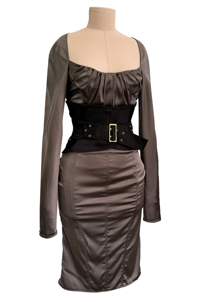 Important Fall 2003 Gucci by Tom Ford Runway Look 10 Stretch Silk Dress w Black Corset Waist Cincher Belt