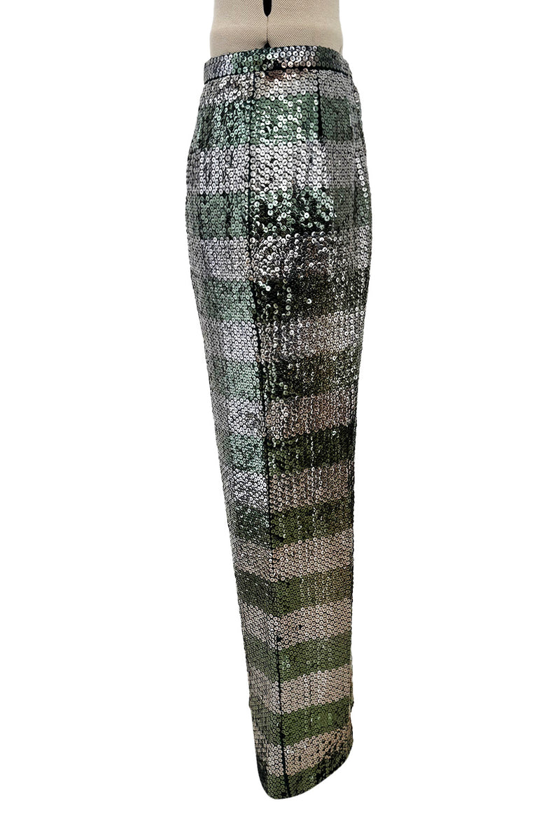 Amazing 1970s Yves Saint Laurent Couture Attrb Fully Sequin Green Gold Silver Wide Leg Pants